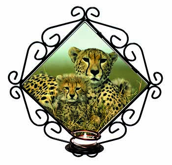 Cheetah and Cubs Wrought Iron Wall Art Candle Holder