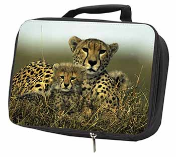 Cheetah and Cubs Black Insulated School Lunch Box/Picnic Bag