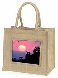 African Lions Sunrise Natural/Beige Jute Large Shopping Bag