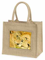 Lions in Love Natural/Beige Jute Large Shopping Bag