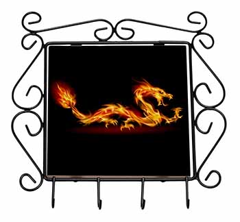 Stunning Fire Flame Dragon on Black Wrought Iron Key Holder Hooks