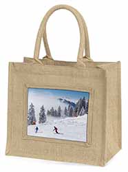 Snow Ski Skiers on Mountain Natural/Beige Jute Large Shopping Bag