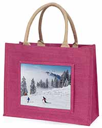 Snow Ski Skiers on Mountain Large Pink Jute Shopping Bag