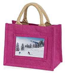 Snow Ski Skiers on Mountain Little Girls Small Pink Jute Shopping Bag