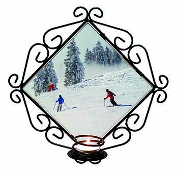 Snow Ski Skiers on Mountain Wrought Iron Wall Art Candle Holder