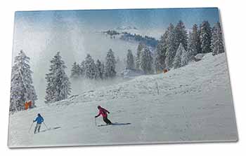 Large Glass Cutting Chopping Board Snow Ski Skiers on Mountain