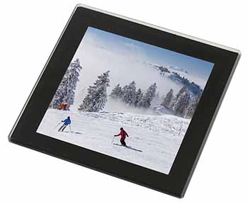 Snow Ski Skiers on Mountain Black Rim High Quality Glass Coaster