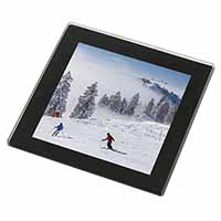 Snow Ski Skiers on Mountain Black Rim High Quality Glass Coaster