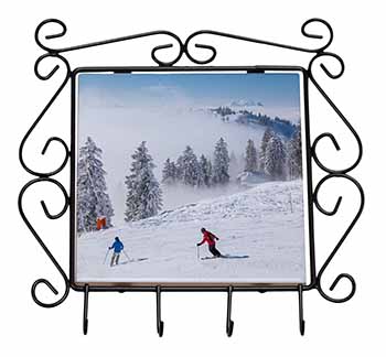 Snow Ski Skiers on Mountain Wrought Iron Key Holder Hooks