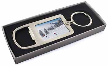 Snow Ski Skiers on Mountain Chrome Metal Bottle Opener Keyring in Box