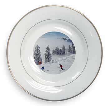 Snow Ski Skiers on Mountain Gold Rim Plate Printed Full Colour in Gift Box