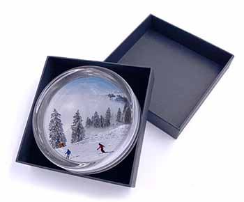 Snow Ski Skiers on Mountain Glass Paperweight in Gift Box