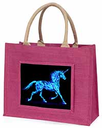 Blue Fire Unicorn Print Large Pink Jute Shopping Bag