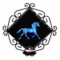 Blue Fire Unicorn Print Wrought Iron Wall Art Candle Holder