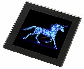 Blue Fire Unicorn Print Black Rim High Quality Glass Coaster