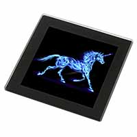 Blue Fire Unicorn Print Black Rim High Quality Glass Coaster