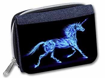 Blue Fire Unicorn Print Unisex Denim Purse Wallet