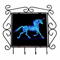 Blue Fire Unicorn Print Wrought Iron Key Holder Hooks