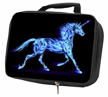 Blue Fire Unicorn Print Black Insulated School Lunch Box/Picnic Bag