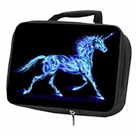 Blue Fire Unicorn Print Black Insulated School Lunch Box/Picnic Bag