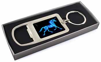 Blue Fire Unicorn Print Chrome Metal Bottle Opener Keyring in Box