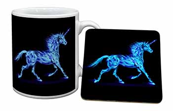 Blue Fire Unicorn Print Mug and Coaster Set