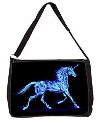 Blue Fire Unicorn Print Large Black Laptop Shoulder Bag School/College