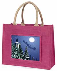 Christmas Eve Santa on Sleigh Large Pink Jute Shopping Bag